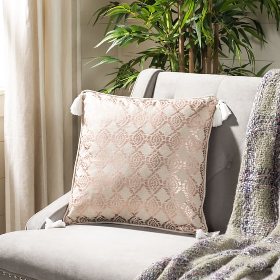 SAFAVIEH Remis 18" x 18" Geometric Plush Pillow with Tassel, Rose Gold/White