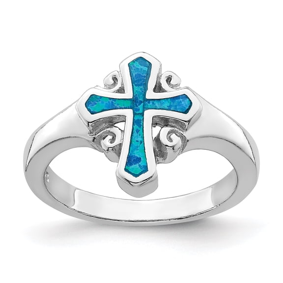 Primal Silver Sterling Silver Rhodium-plated Blue Inlay Lab Created Opal Cross Ring