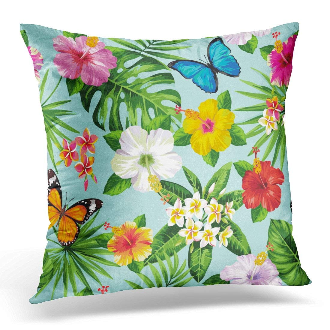 USART Green Floral with Tropical Flowers Leaves and Butterflies