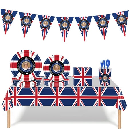 

118Pcs British Flag Tableware Kit | Union Jack Tableware Party Supplies | Union Jack Tablecloth/Plates/Napkins/Cups/Dinnerware Set for 16 Guests Royal Party Decoration