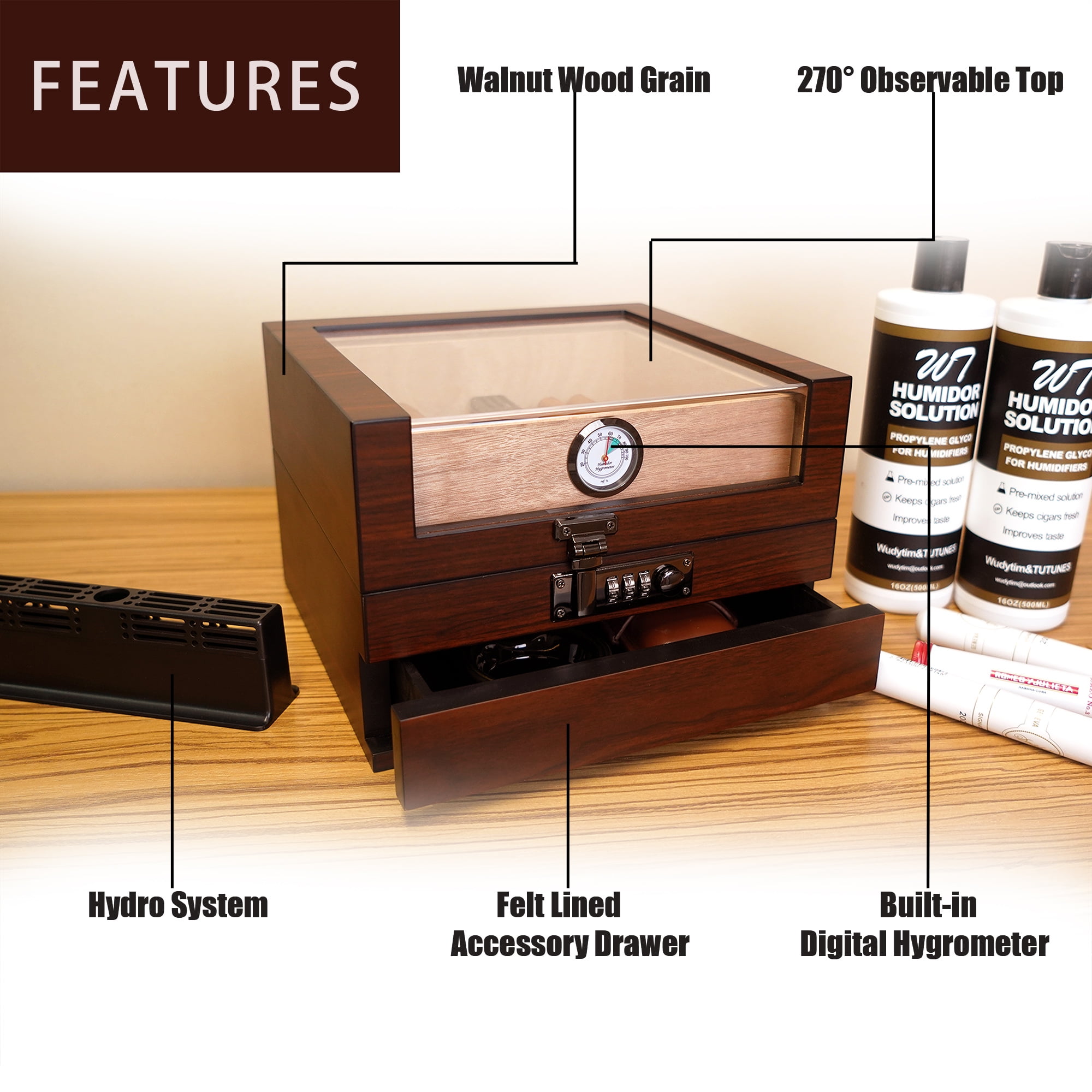 Wudytim Handcrafted Humidor Box – Spanish Cedar Lined Storage with 270° View and Accessories drawer (25-60 Cigars)