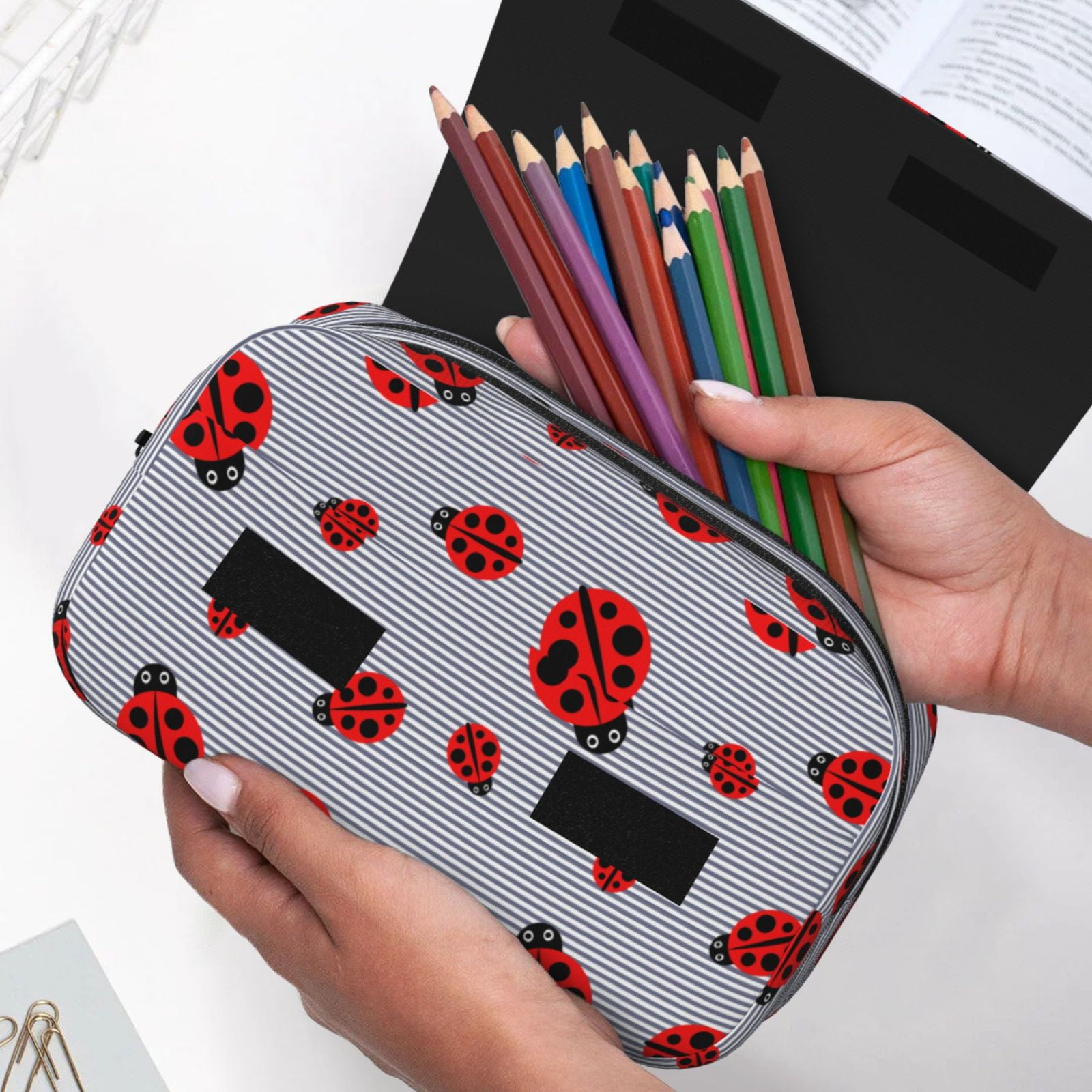 Rateoe Ladybug Pattern Double Clamshell Pen Case, Storage Organizer with Two Zipper Compartments– Holds Up to 50 Pencils & Pens