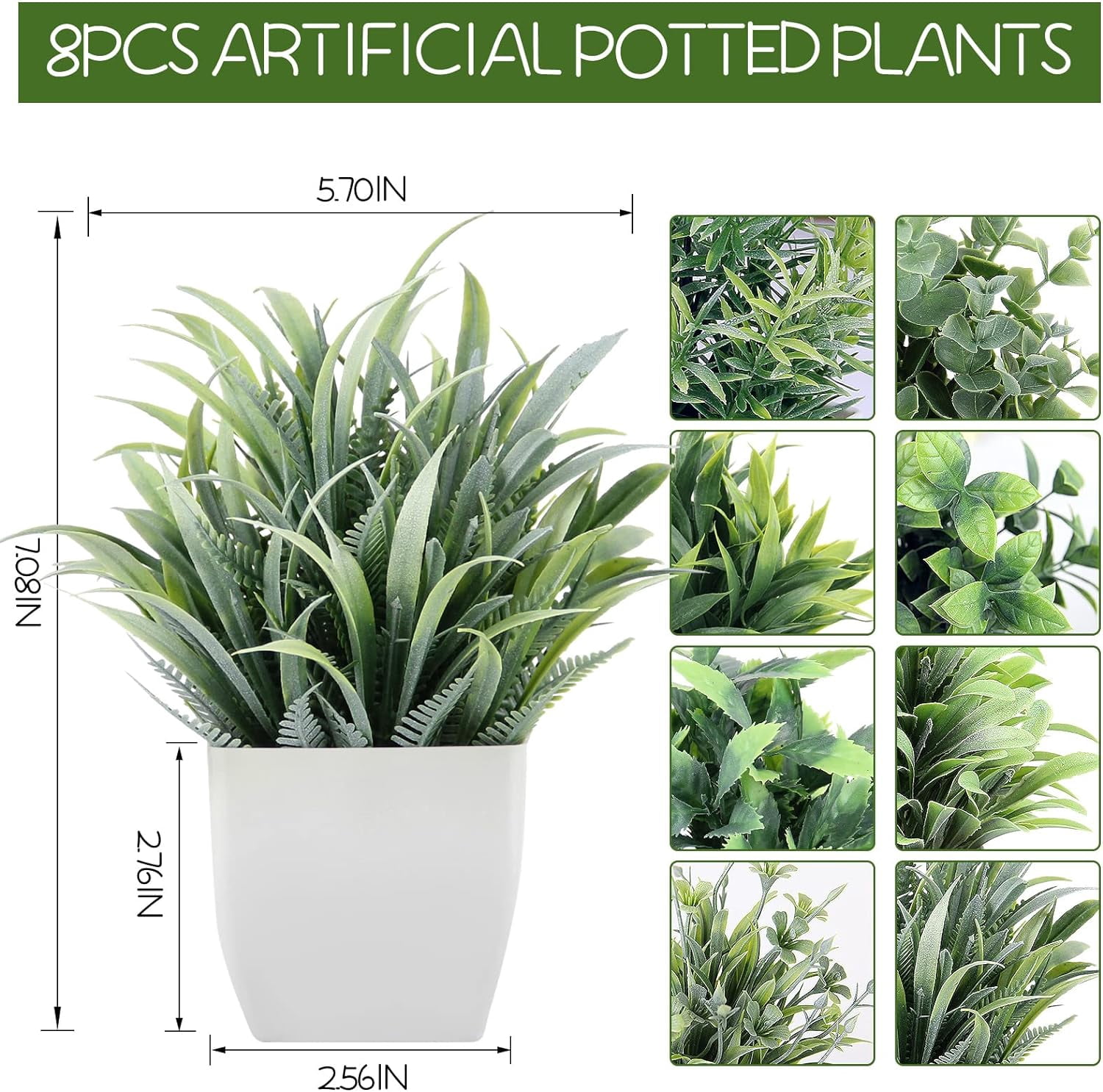 Artificial Plants Mini Fake Potted Plants, 8 pcs Small Eucalyptus Potted Faux Decorative Grass Plant with White Pot for Home Decor, Indoor, Office, Desk, Shelf, Table Decoration