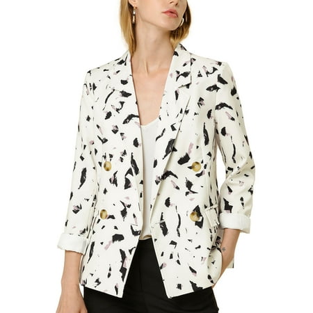 Women's Notched Lapel Double Breasted Printed Blazer Jackets M Cream