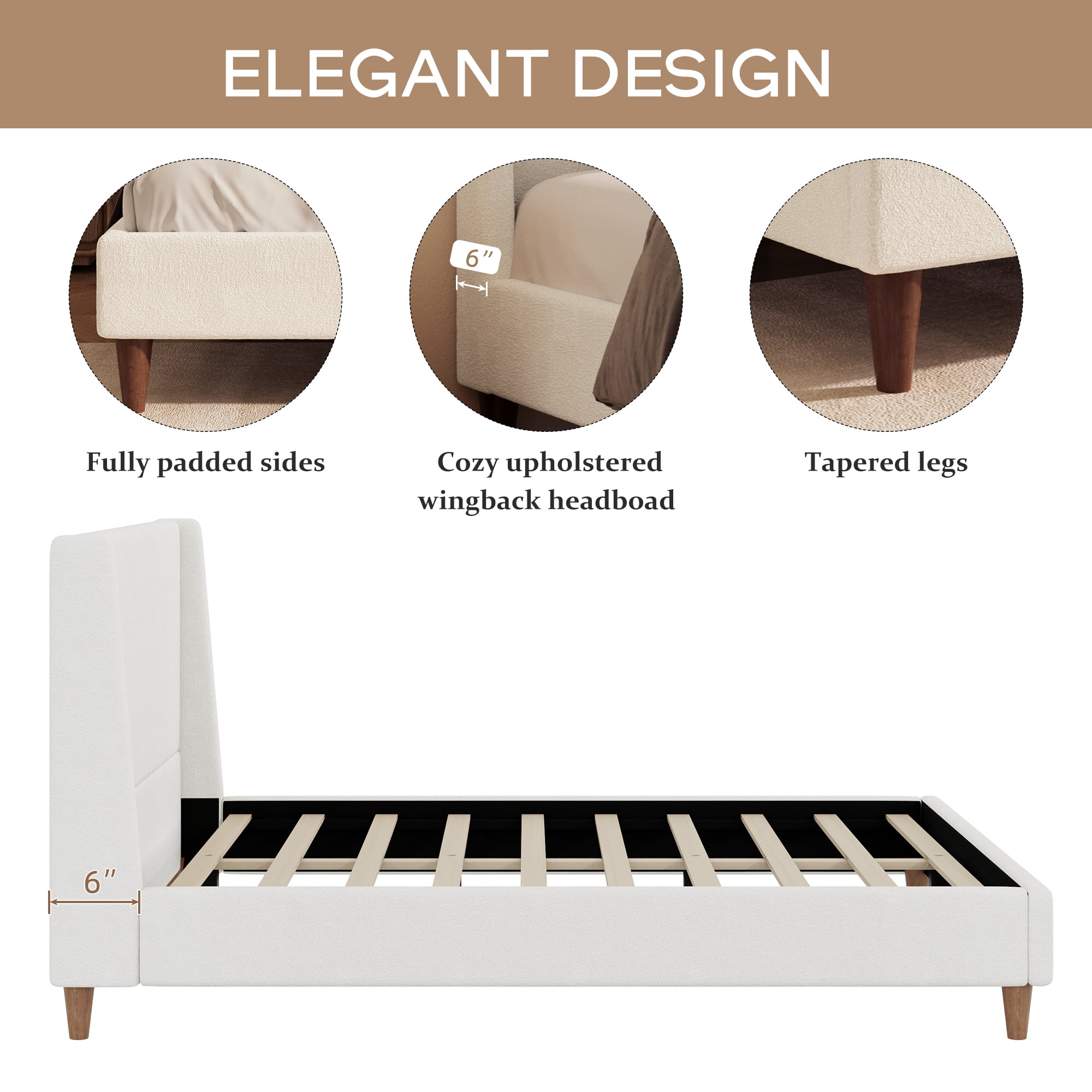 Euroco Modern Queen Size Boucle Upholstered Platform Bed with Wingback Headboard and Wooden Legs