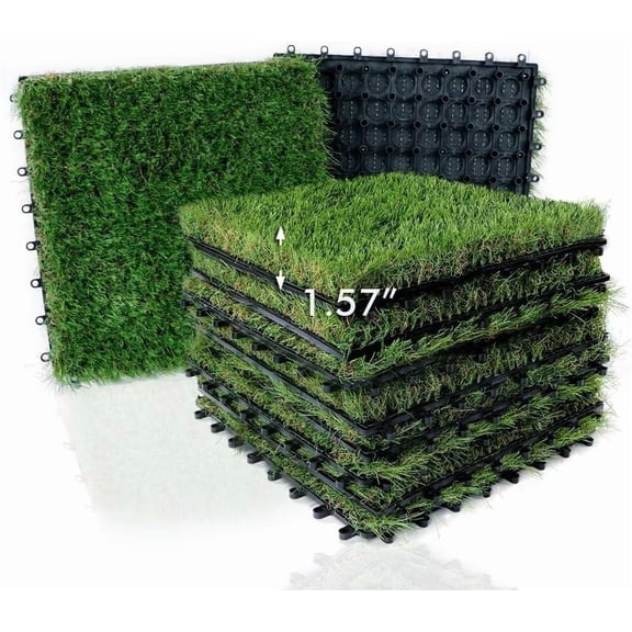 Outdoor Artificial Grass Tiles Interlocking Turf Squares 9 Pack 12x12 Fake Grass Mat for Balcony Patio Deck Flooring Decor Pets Dog Pee Pad Self-draining 8 Buckle System