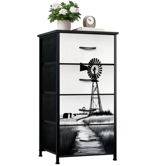 Dresser for Bedroom with 4 Storage Drawers Highland Cow Farmhouse Vintage Barn Western Farm Windmill Hills Path Dressers Chest of Drawers Steel Framed Fabric Closet Organizers for Entryway