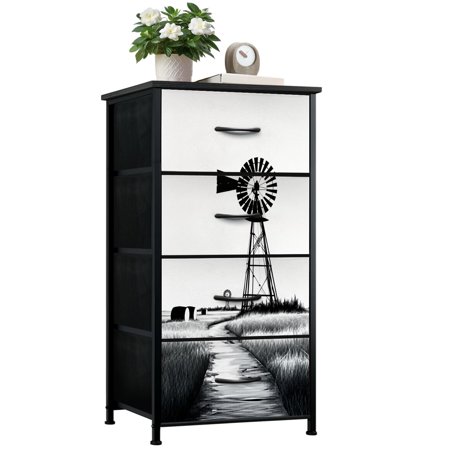Dresser for Bedroom with 4 Storage Drawers Highland Cow Farmhouse Vintage Barn Western Farm Windmill Hills Path Dressers Chest of Drawers Steel Framed Fabric Closet Organizers for Entryway
