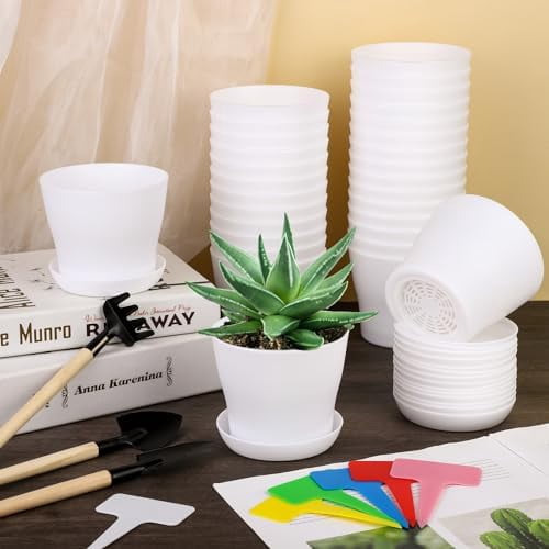 48 Pack Plastic Planters 4 Inch Flower Plant Pots Indoor Set Thickened Seedling Nursery Pots Seed Starting Pots with Drainage Holes Saucers, Mini Garden Tools for Home Office Garden, White