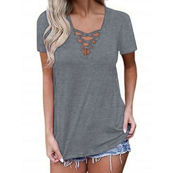 Nlife Women Criss Cross V Neck Short Sleeve Solid Color T-shirt