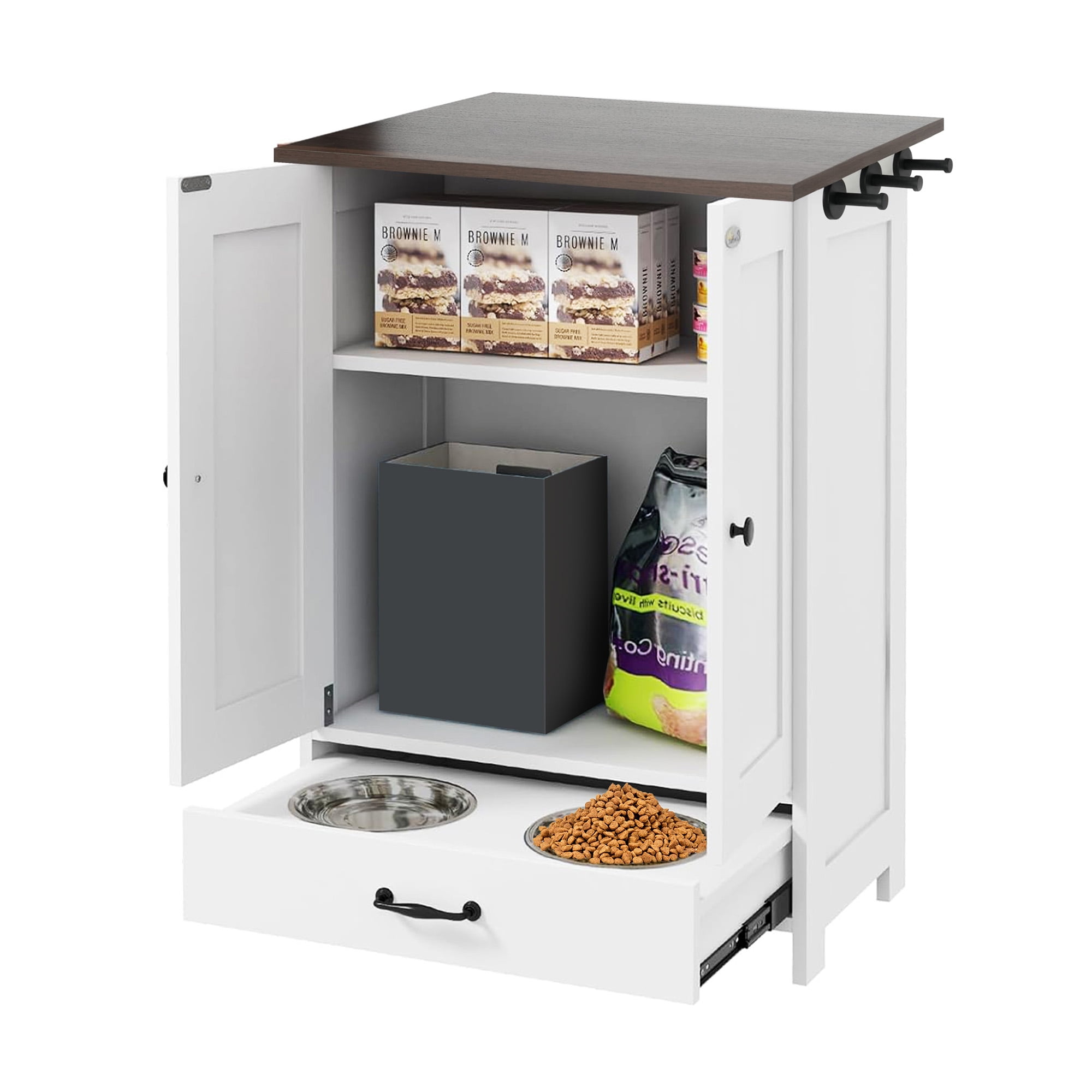 Pefilos 31" Dog Feeding Station, Dog Food Storage Cabinet with Hidden Dog Bowls, Adjustable Panel, Hooks, for Medium Sized Dogs, White Pefilos 31" Dog Feeding Station, Dog Food Storage Cabinet with Hidden Dog Bowls, Adjustable Panel, Hooks, for Medium Sized Dogs, White