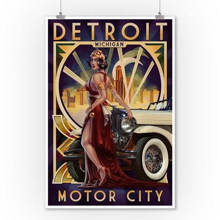 Detroit, Michigan - Deco Woman & Car - Lantern Press Artwork (9x12 Art Print, Wall Decor Travel