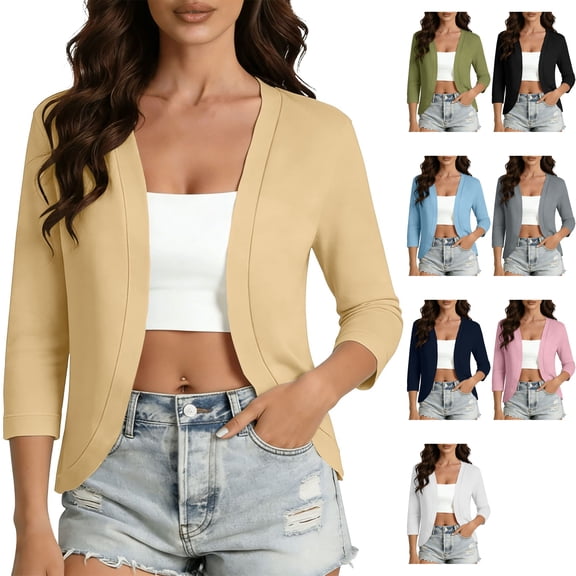 Women's Lightweight 3/4 Sleeve Bolero Shrug Open Front Cardigan Curved Hem Soft Stretch Cover Up for Evening Dress Wedding Guest, Beige, XL