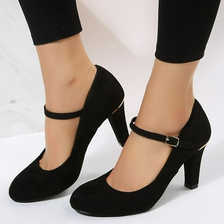 

Elegant Black Block Heel with Buckle Strap - Women s Comfortable Work Shoes