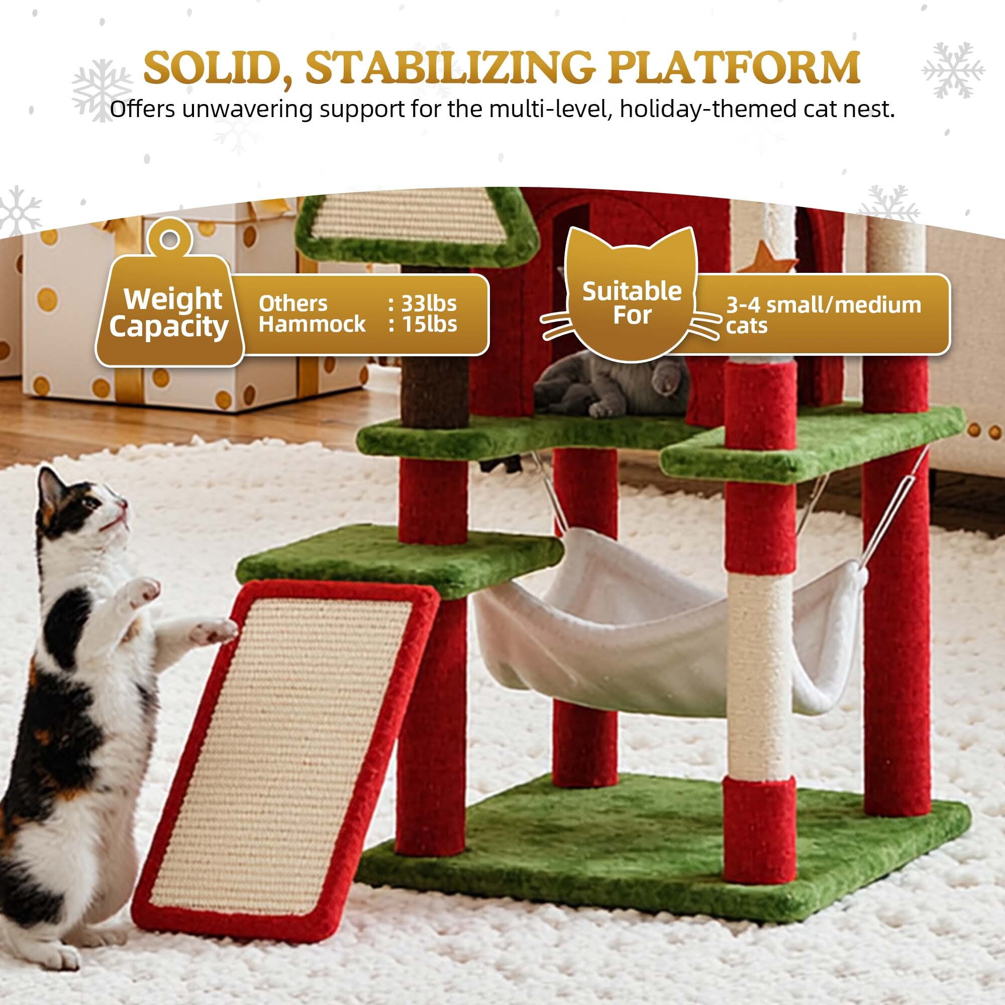 Uforic 75" Multi Level Christmas Cat Tree with Hammock, Sisal Scratching Posts and Top Perches ,Tall Cat Tower Condo for Indoor Cats