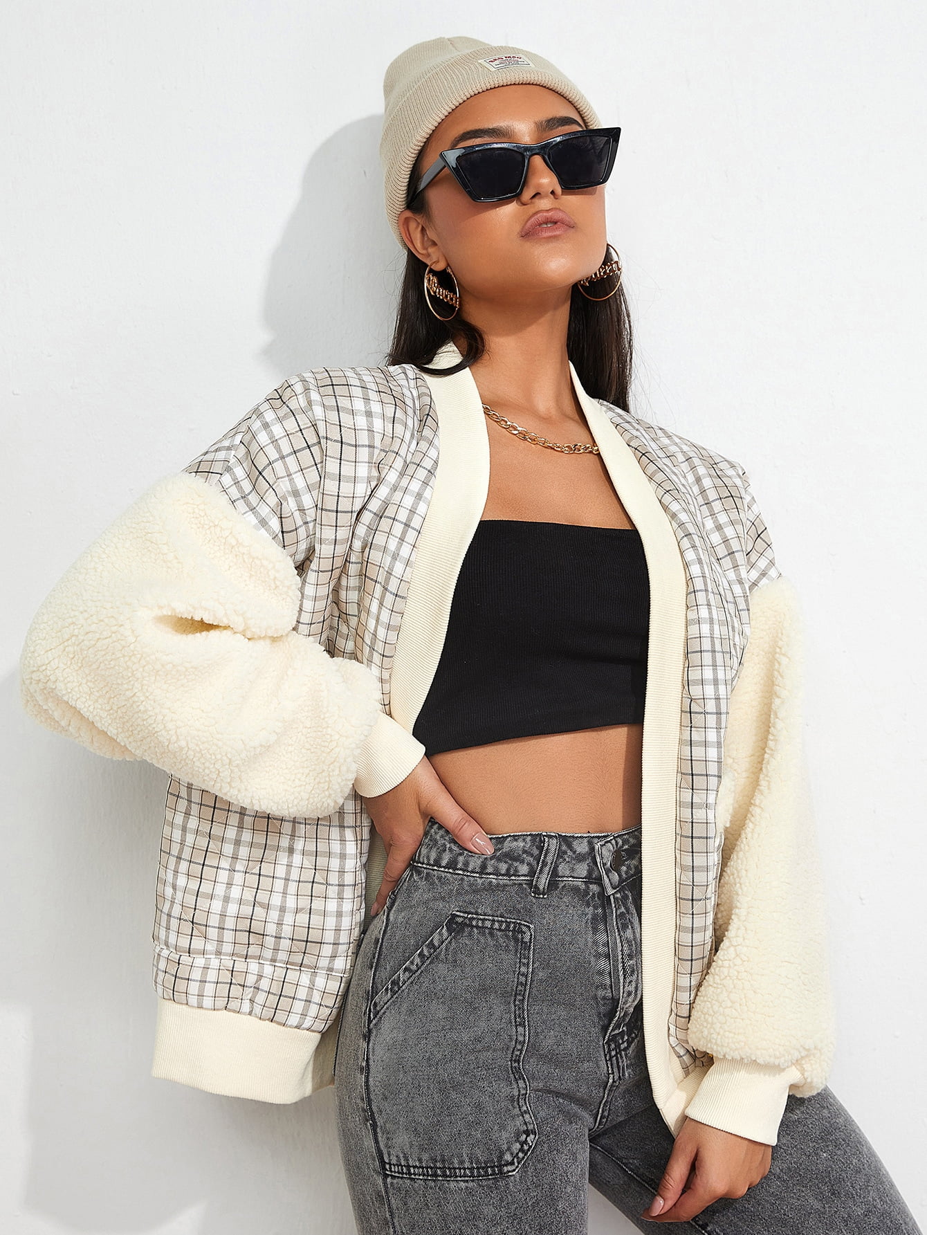 Women's Plaid Print Drop Shoulder Open 