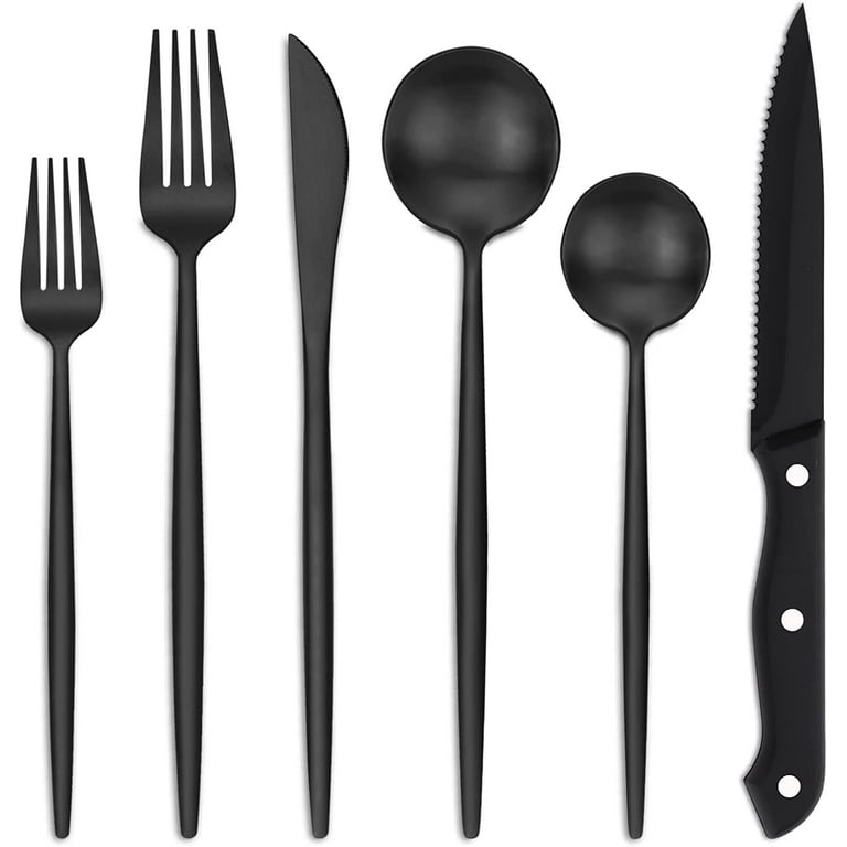 48-Piece Matte Black Silverware Set with Steak Knives, Black