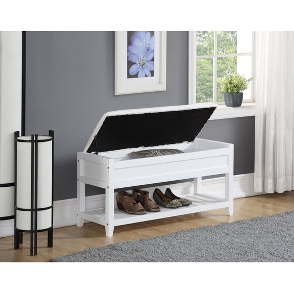 White Wooden Storage Bench with Cushion for Entryway, Lift-Up Hidden Storage and Shoe Shelf, Space Saving Seating Bench 35.43W