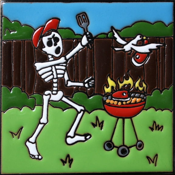 6x6 BBQ Time. Day-Of-The-Dead Clay Tile