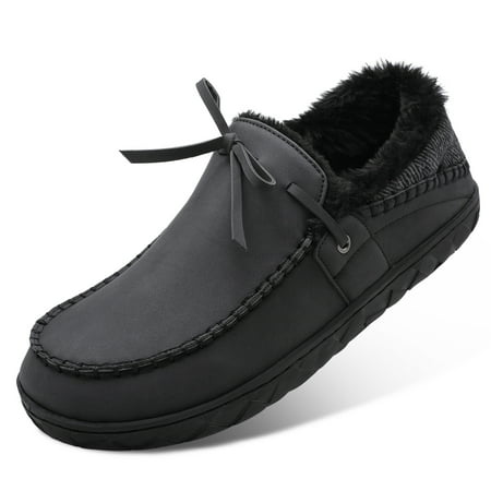 

Barerun Mens Memory Foam Loafer Slippers Winter Warm Faux Fur Slippers Black