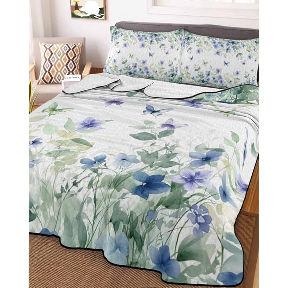 Leaf Butterfly Twin Size Down Alternative Comforter, Lightweight Comforter Quilt Bedding Set with Pillow Shams Watercolor Sage Green Purple Floral All Seasons Bed Comforter Duvet Insert 68"x86"