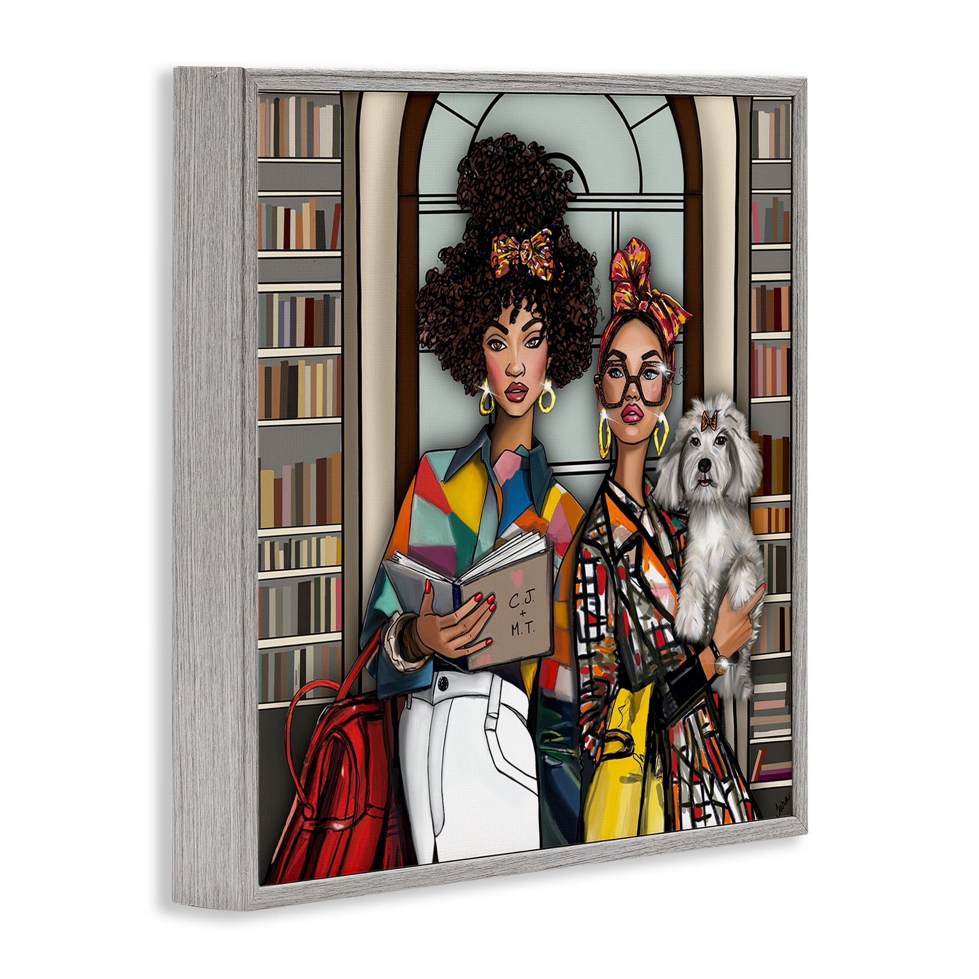 Stupell Industries Bookish Girls at Library Gray Framed Giclee Art, design by Tara Boone
