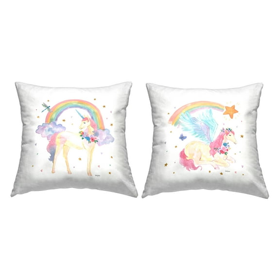 Stupell Industries Magical Friends & Rainbows Square Decorative Printed Throw Pillow, 18 x 18, Set of 2