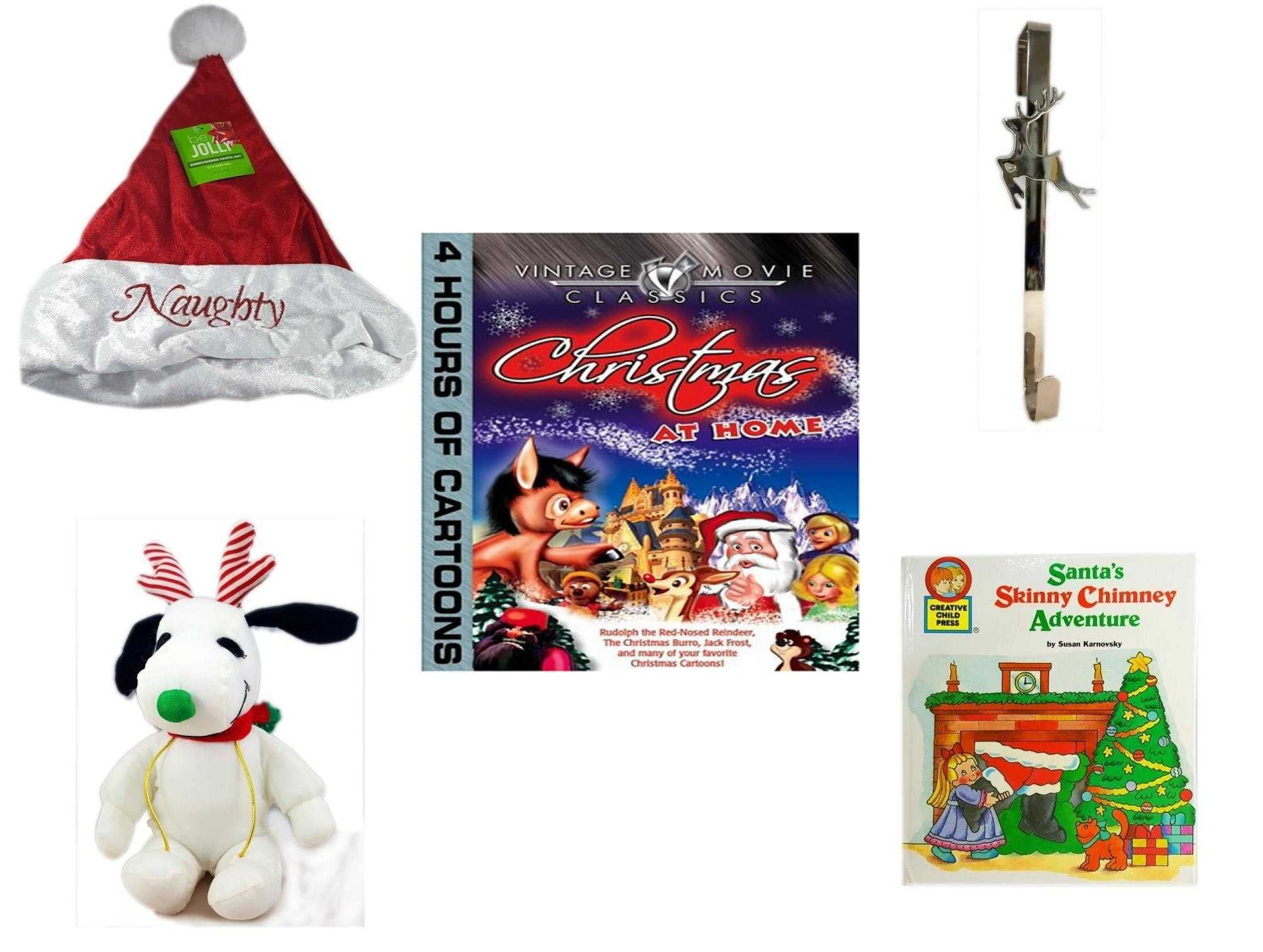 Christmas Fun Gift Bundle 5 Piece Be Jolly Embroidered Naughty Nice Santa Hat 17 Adult Size Silver Reindeer Over The Door Wreath Hanger