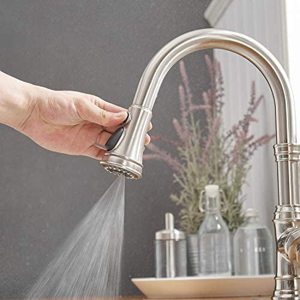 BWE Kitchen Faucet with Pull Out Sprayer 3 Spray Modes Brushed Nickel Single Handle Singe Lever High Arc Kitchen Sink Faucet with Deck Plate Commercial Bar Farmhouse Pull Down Sprayer