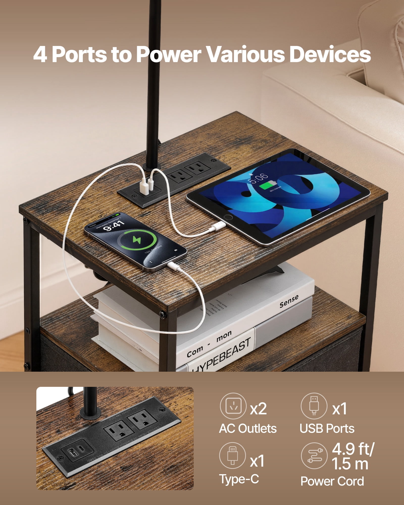 VEVOR Floor Lamp with Table, 3-Tier End Table with Drawer and 3 Color Temperature Lighting, Modern Side Nightstand Bedside Desk with USB & Type C & AC Charging Port for Living Room, Bedroom, Dorm