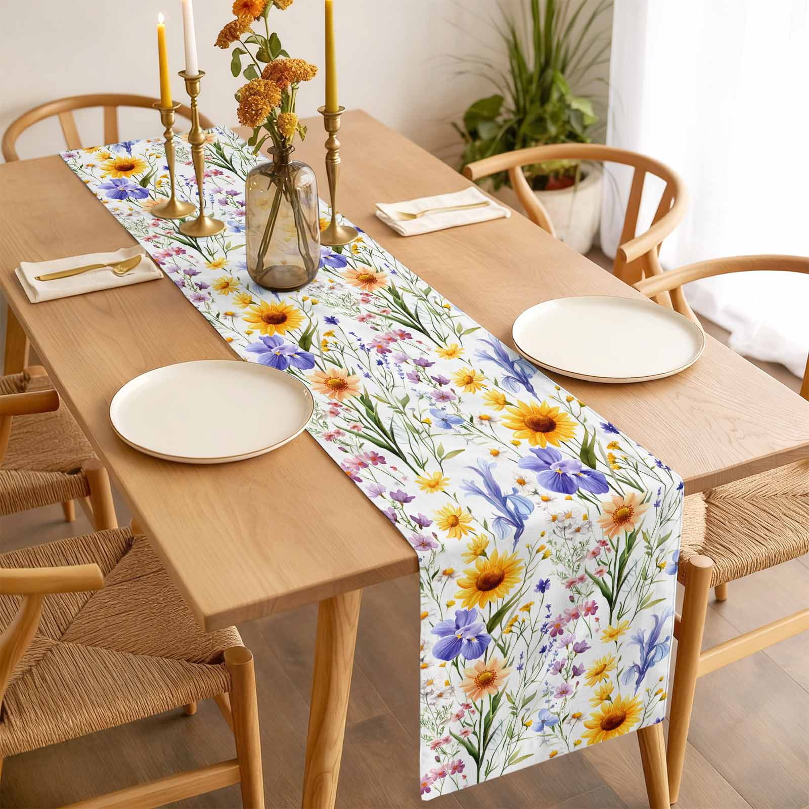 Wildflowers Table Runner 13x120 inch Spring Summer Cotton Linen Dining Table Runner Ideal for Dresser Kitchen Coffee Tables - Machine Washable
