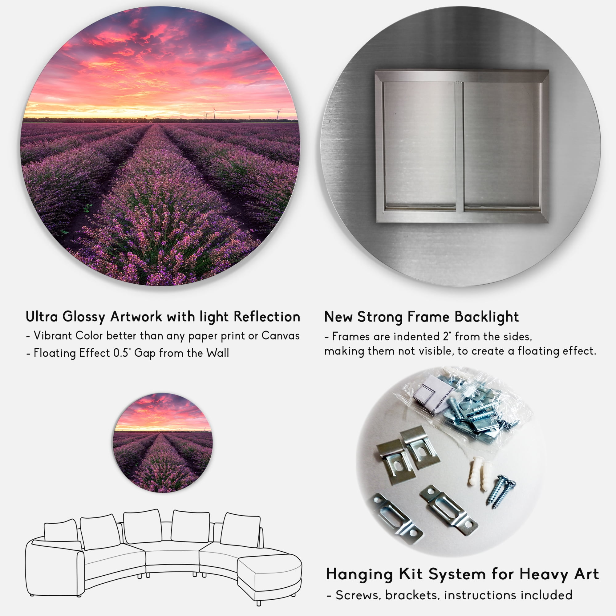 Designart 'Dramatic Clouds and Sunrise Over Lavender Field XIV' Farmhouse Circle Metal Wall Art 11x11 - Disc of 11