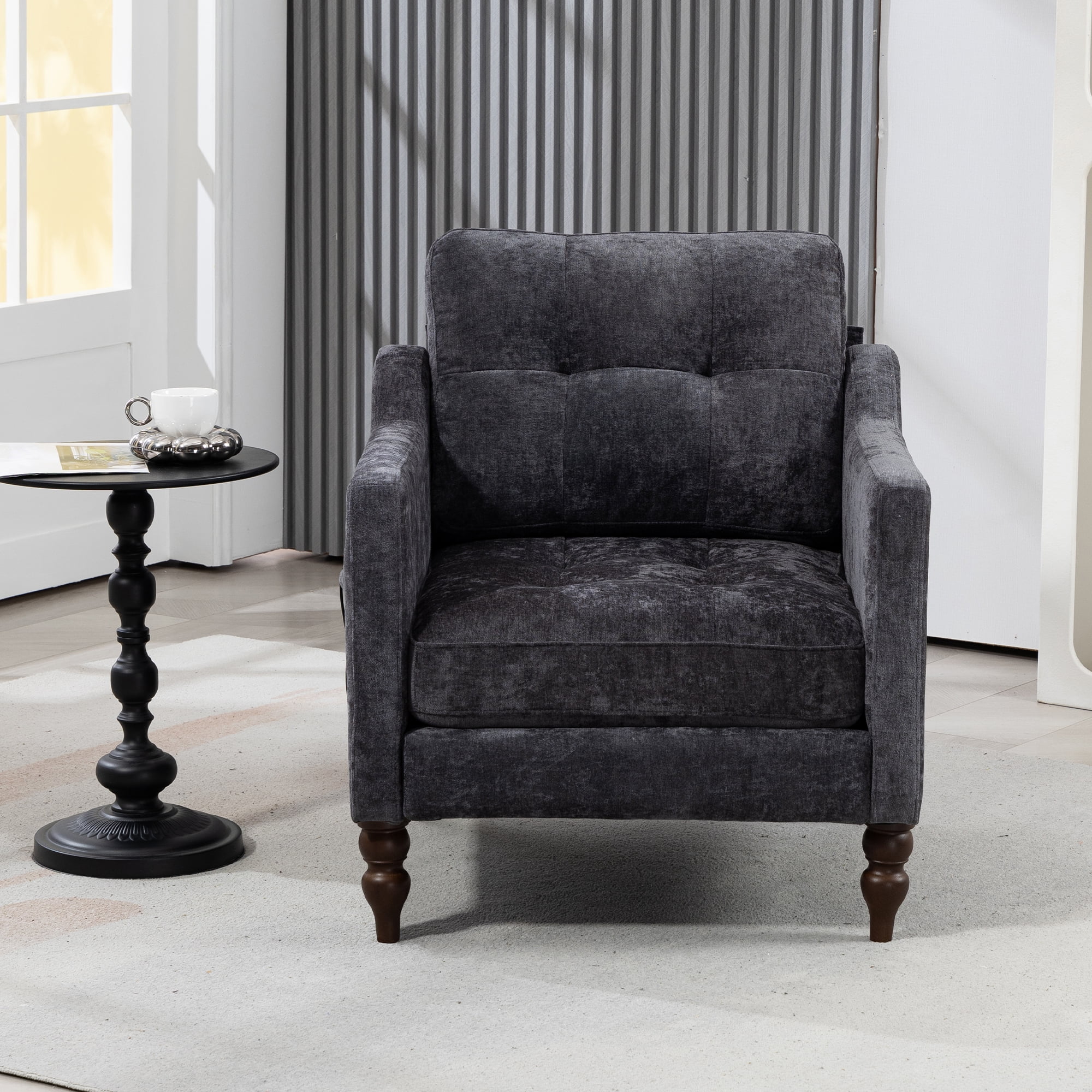 Comfortable armchair with USB charging port, ergonomic wide backrest, vintage wooden legs, comfortable upholstered armchair with side storage for living room bedroom