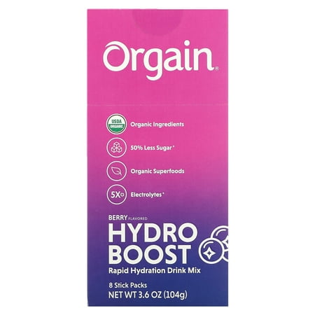 Orgain Hydro Boost Rapid Hydration Drink Mix, Berry, 8 Stick Packs, 0.45 oz (13 g) Each