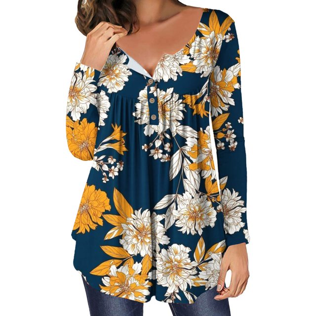 Hauts de Sortie pour Femmes Décontracté Ample Col Rond Bouton Manches Longues Imprimé Haut Blouses Femmes Été en Solde