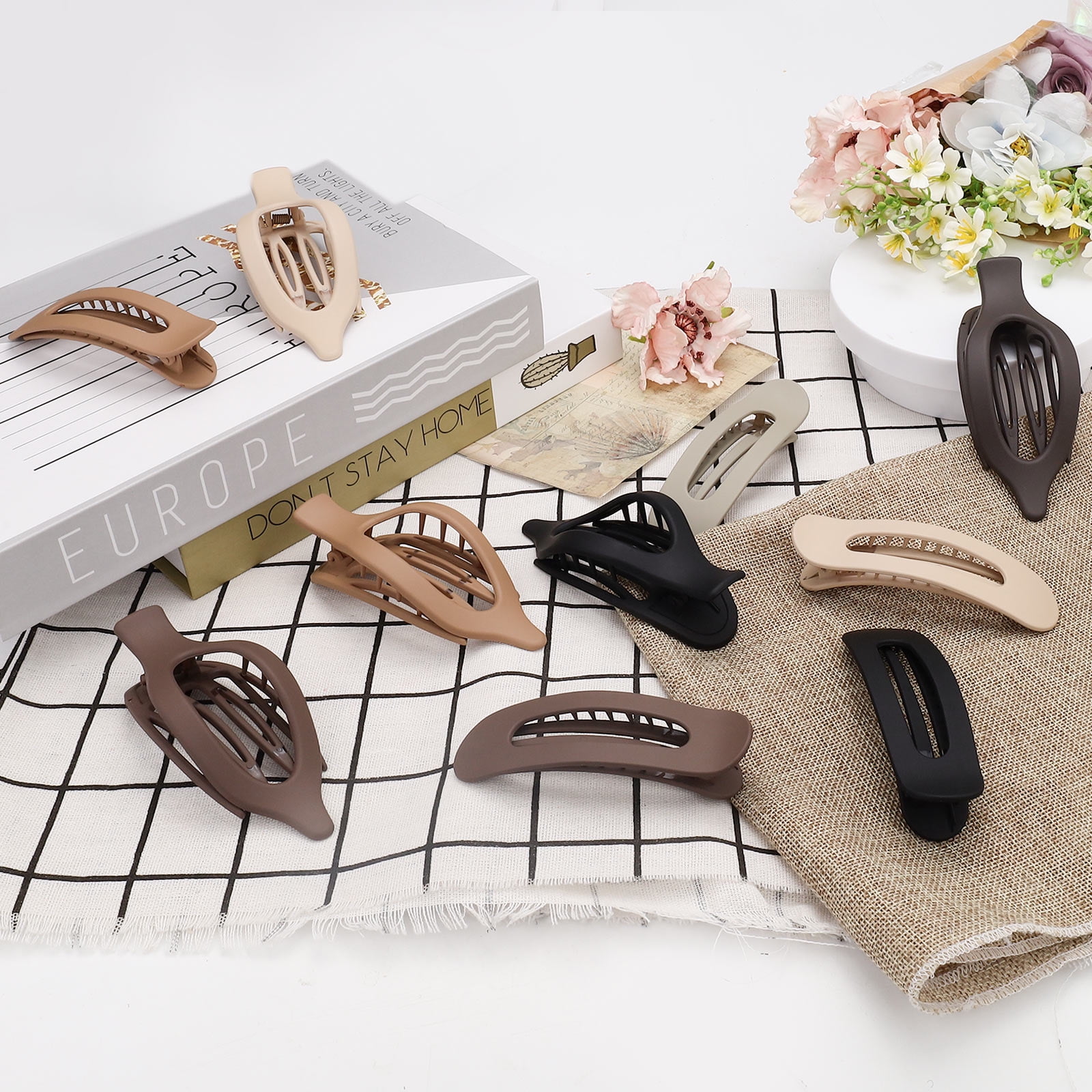 10 Pack French Concord Claw Clips for Women Girls, 2 Styles Flat Hair Clips, Matte Claw Clips for Thick Hair, Strong Hold Duck Billed Clips, Neutral Color Flat Claw Clips for Thick Hair