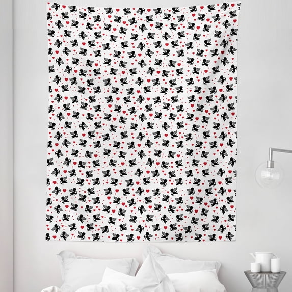 Valentine's Day Tapestry, Cupid Angel with Wings Flying Around Hearts, Fabric Wall Hanging Decor for Bedroom Living Room Dorm, 5 Sizes, Charcoal Grey Vermilion, by Ambesonne