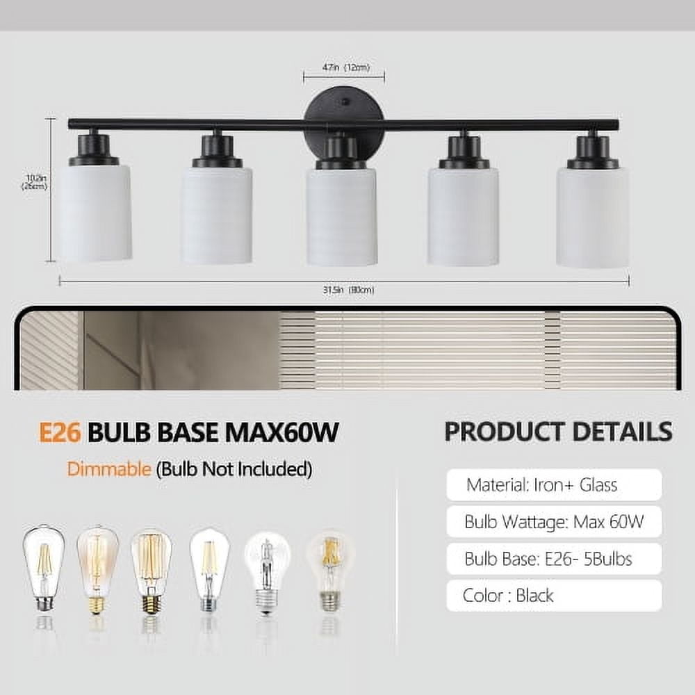 ACE-LIGHTS,Modern 5-Lights Vanity Bathroom Mirror Light with Frosted White Glass(Bulbs Not Included),Contemporary Wall Sconce for Bathroom,Dressing Room,Bedroom,Living Room(Black)