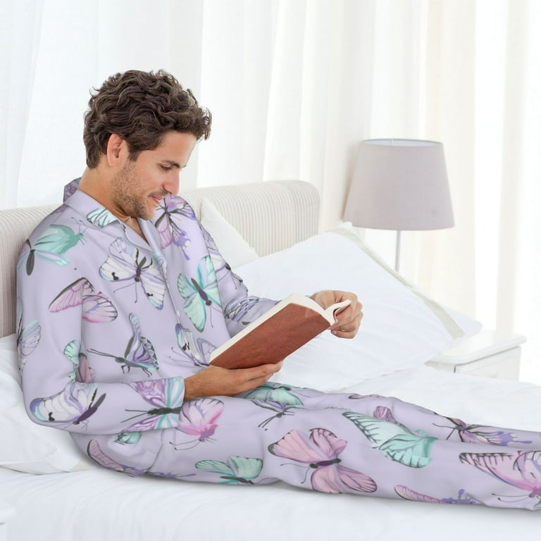 Naloa Purple Butterfly Men s Pajamas Set Long Sleeve Button Down Sleep Shirt and Pajama Bottoms Sleepwear Set Large Walmart