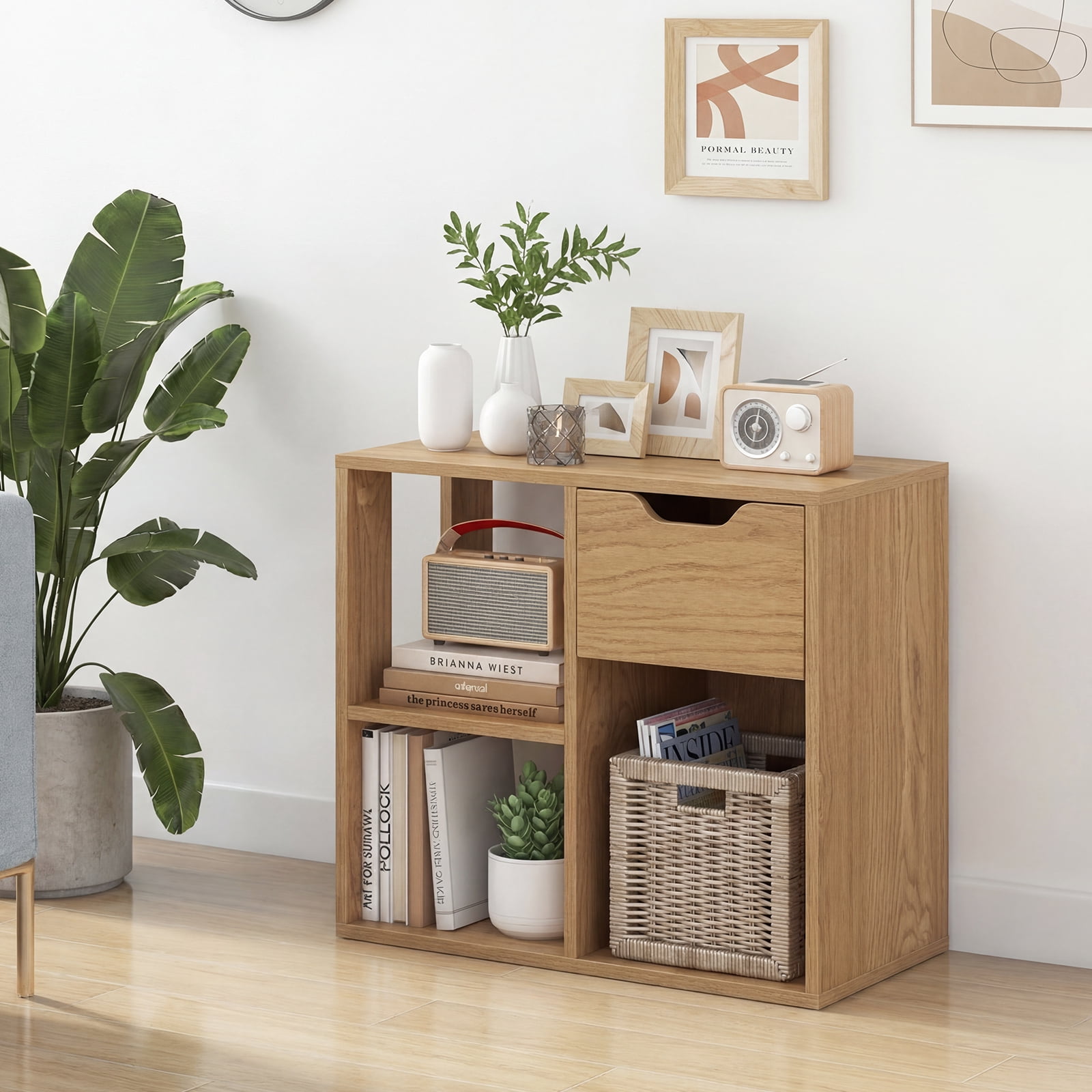 Goplus 2 PCS Bookshelf with Drawer, Freestanding Storage & Display Shelf for Living Room Natural