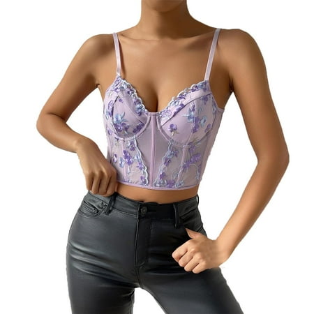 Dr.Eam Womens Lift Push-Up Bras Tops Bralette Fashion Floral Embroidery Corset Tops Thin Straps Transparent Mesh Gathering Corset Purple