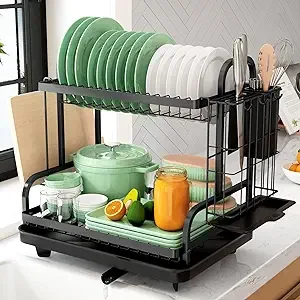 Dish Drying Rack for Kitchen Counter, Stainless Steel Large Dish Drainers Strainer with Drainboard Set for Sink, 2 Tier with Utensil Holder, Cups Holder,Extra Drying Mat, Black