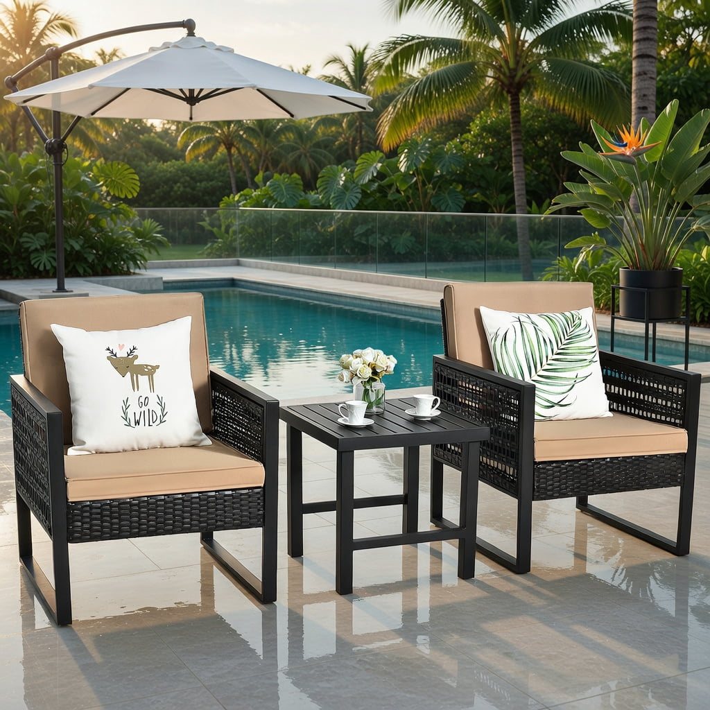 Hommoo 3-Piece Outdoor Rattan Bistro Set with Cushioned Sofas & Coffee Table, Steel Frame, Weather-Resistant Wicker, Adjustable Feet for Patio, Backyard, Porch & Poolside, Brown and Black