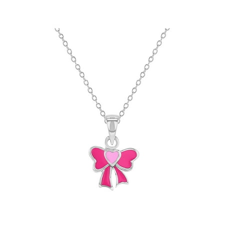 - 925 Sterling Silver Pink Enamel Bow Necklace Pendant for Toddlers or Girls 16