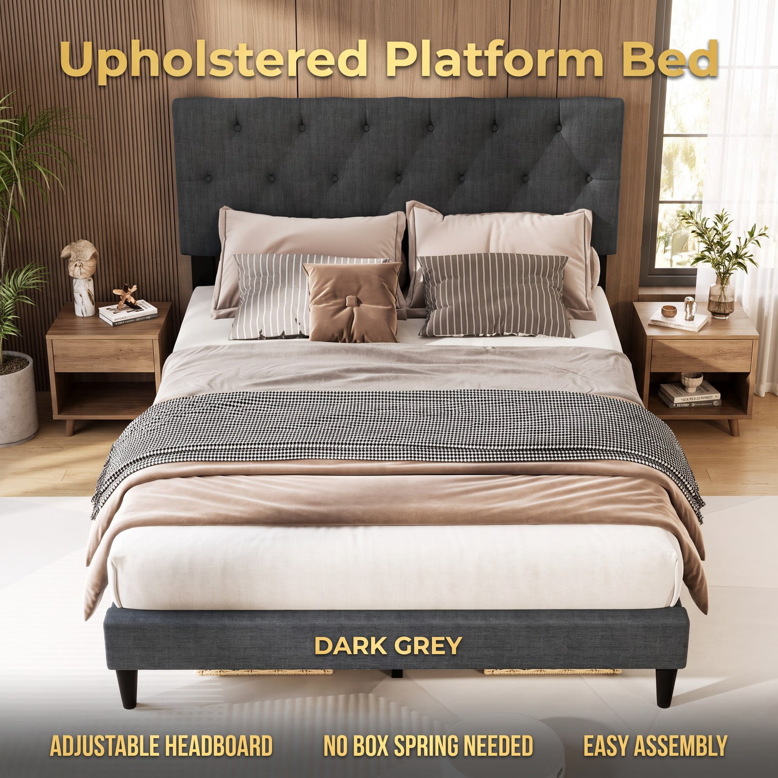 Furnibear Full Size Bed Frame Upholstered Platform Bed with Button Tufted Wingback Headboard and Wooden Slat Support for Bedroom Guest Room, Gray