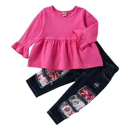 

Honeeladyy Winter Coats Toddler Kids Girls Flowers Print Flare Sleeve Tops+Ripped Jeans+Hairband Outfits Purple Sales Online