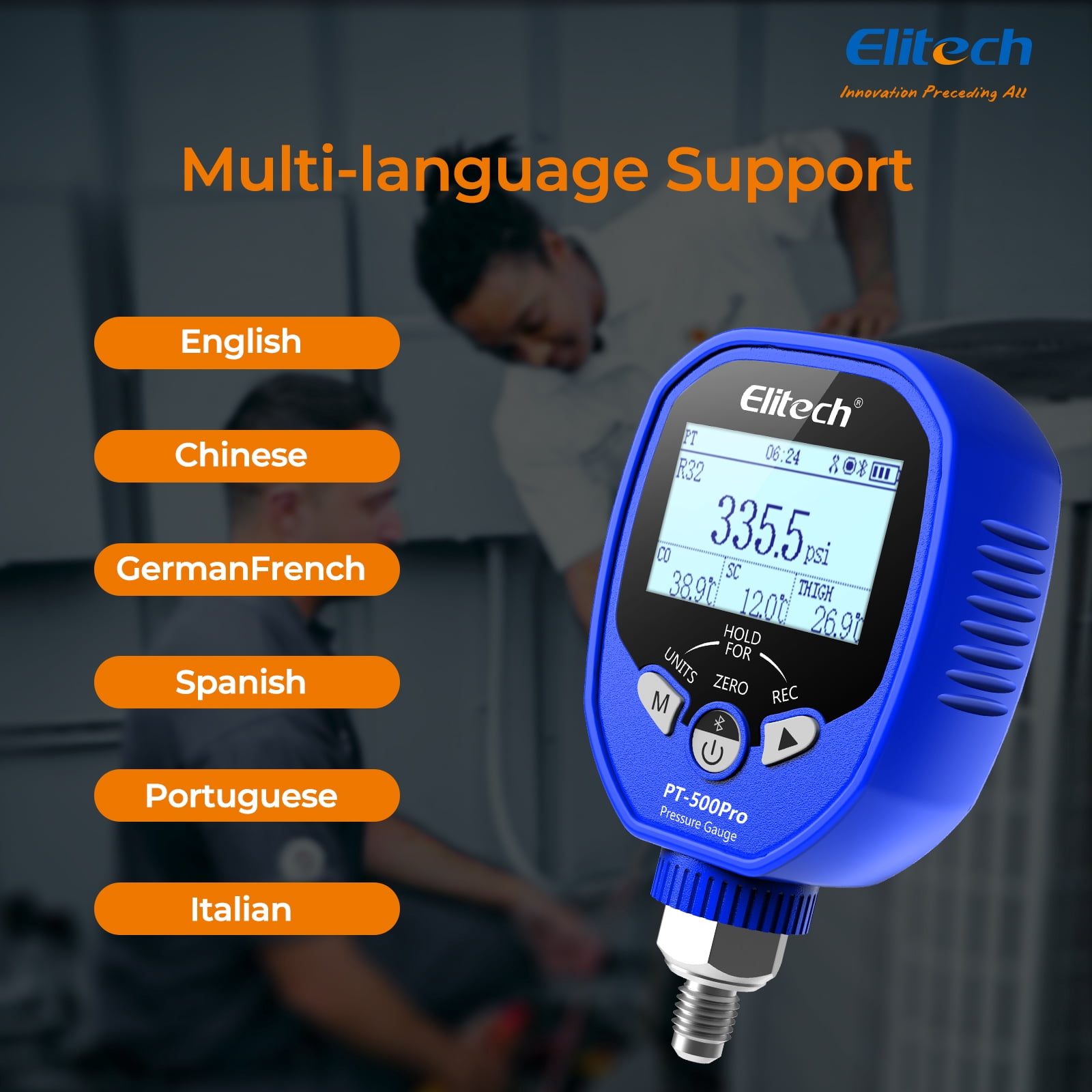 Elitech PT-500Pro Digital Pressure Gauge – HVAC Refrigeration Manifold Gauge with Bluetooth, Temperature Measurement, and Data Logging