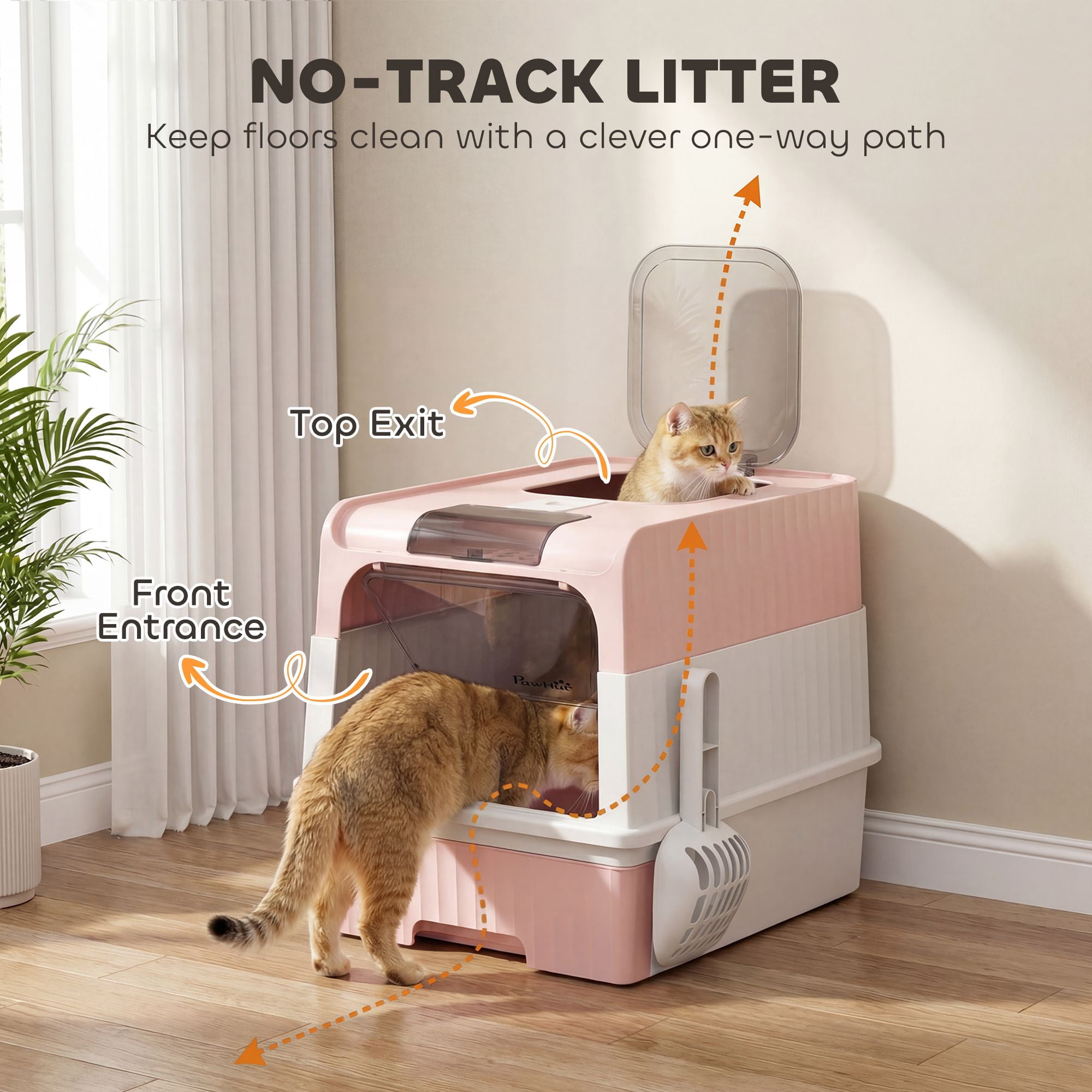 Cat Litter Box Hooded Cat Litter Tray with Drawer Pan Front Entry & Top Exit Easy Cleaning, Pink