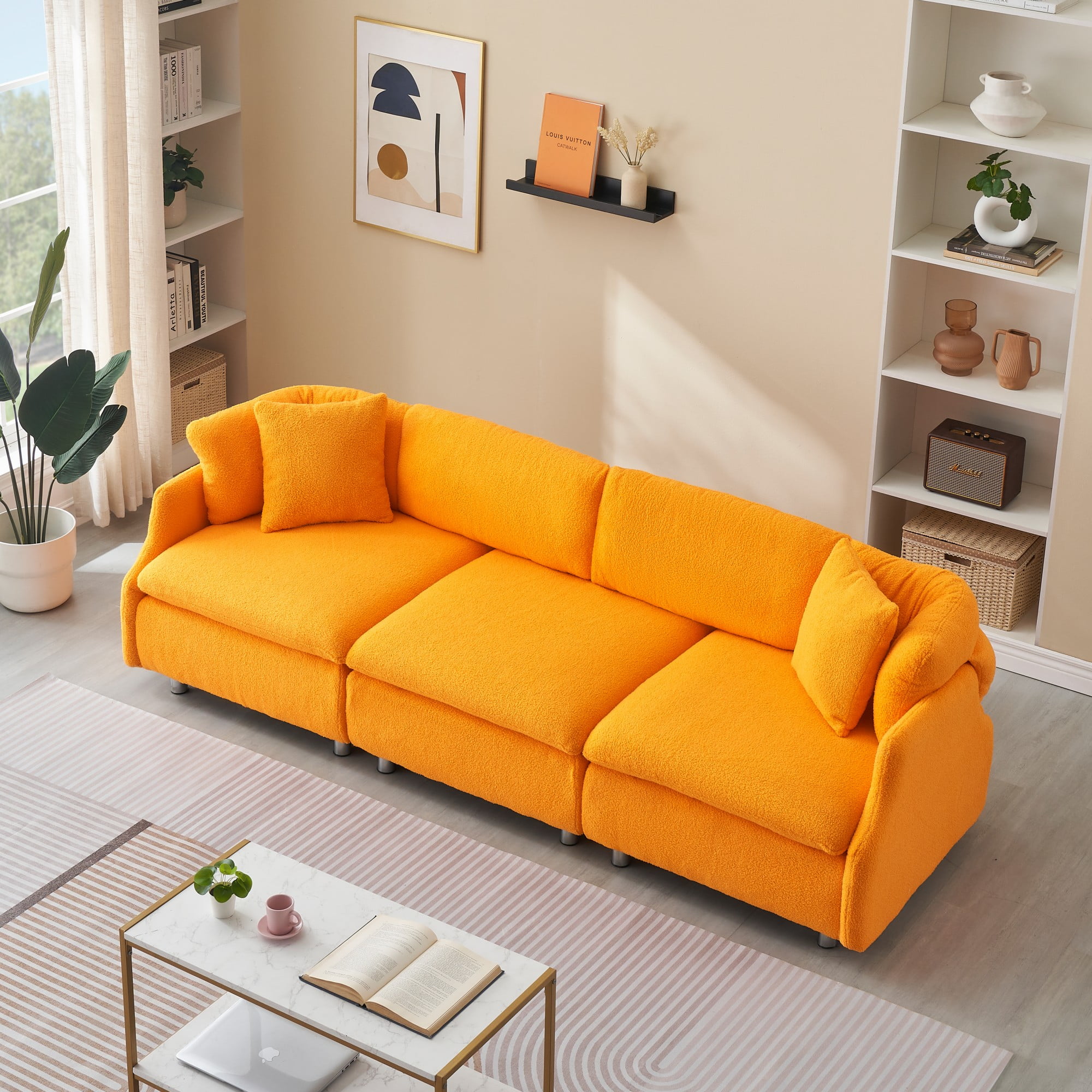 Sectional Sofa for Living Room,95.3 " Sofa Couch with Teddy Fabric,3 Seat Sofa Set with Two Throw Pillows for Apartment,Orange