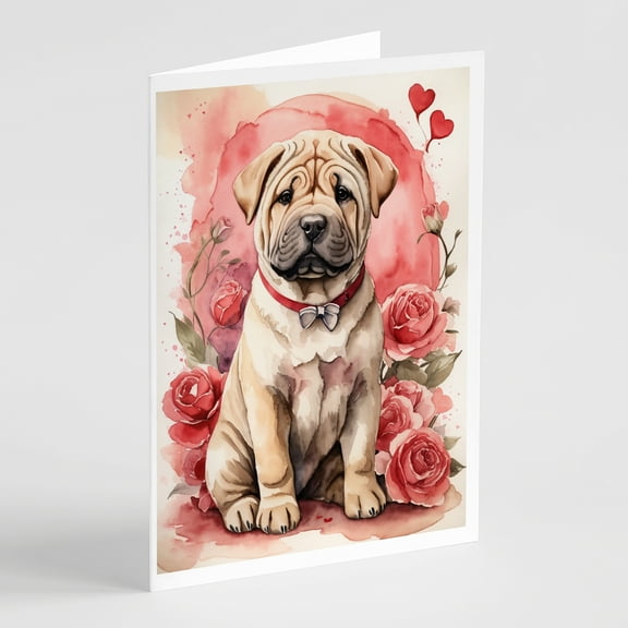 Shar Pei Valentine Roses Greeting Cards Pack of 8 7 in x 5 in